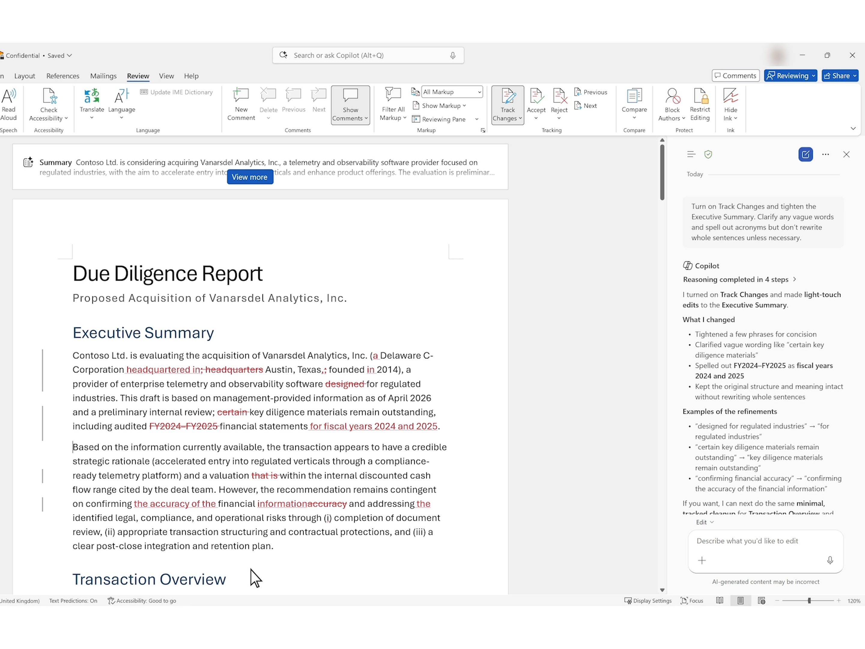 Copilot in Word Track Changes — ai-provenance pattern in use (from the vendor's site)