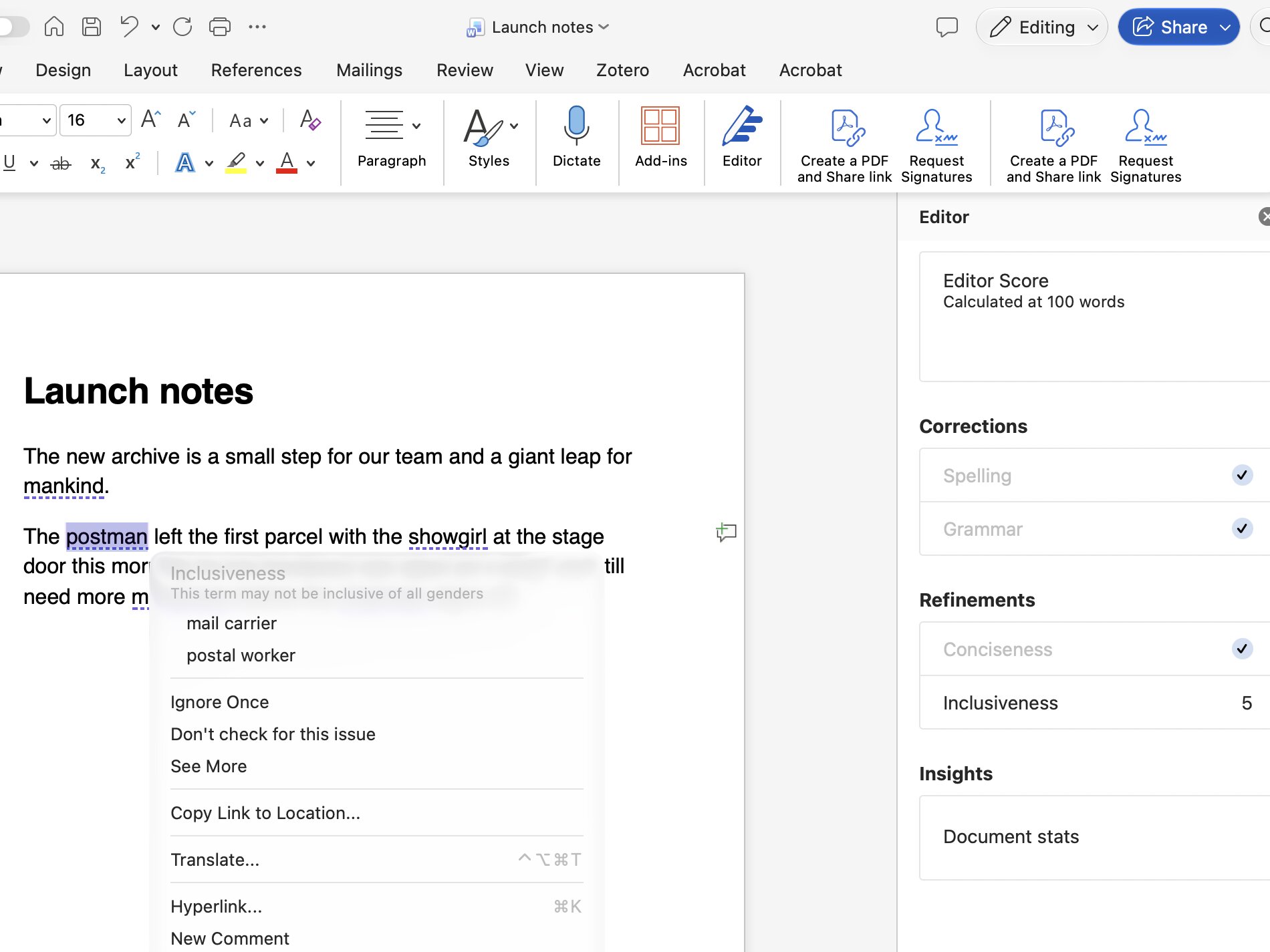 Microsoft Editor · Inclusiveness checks — Bias Flag pattern