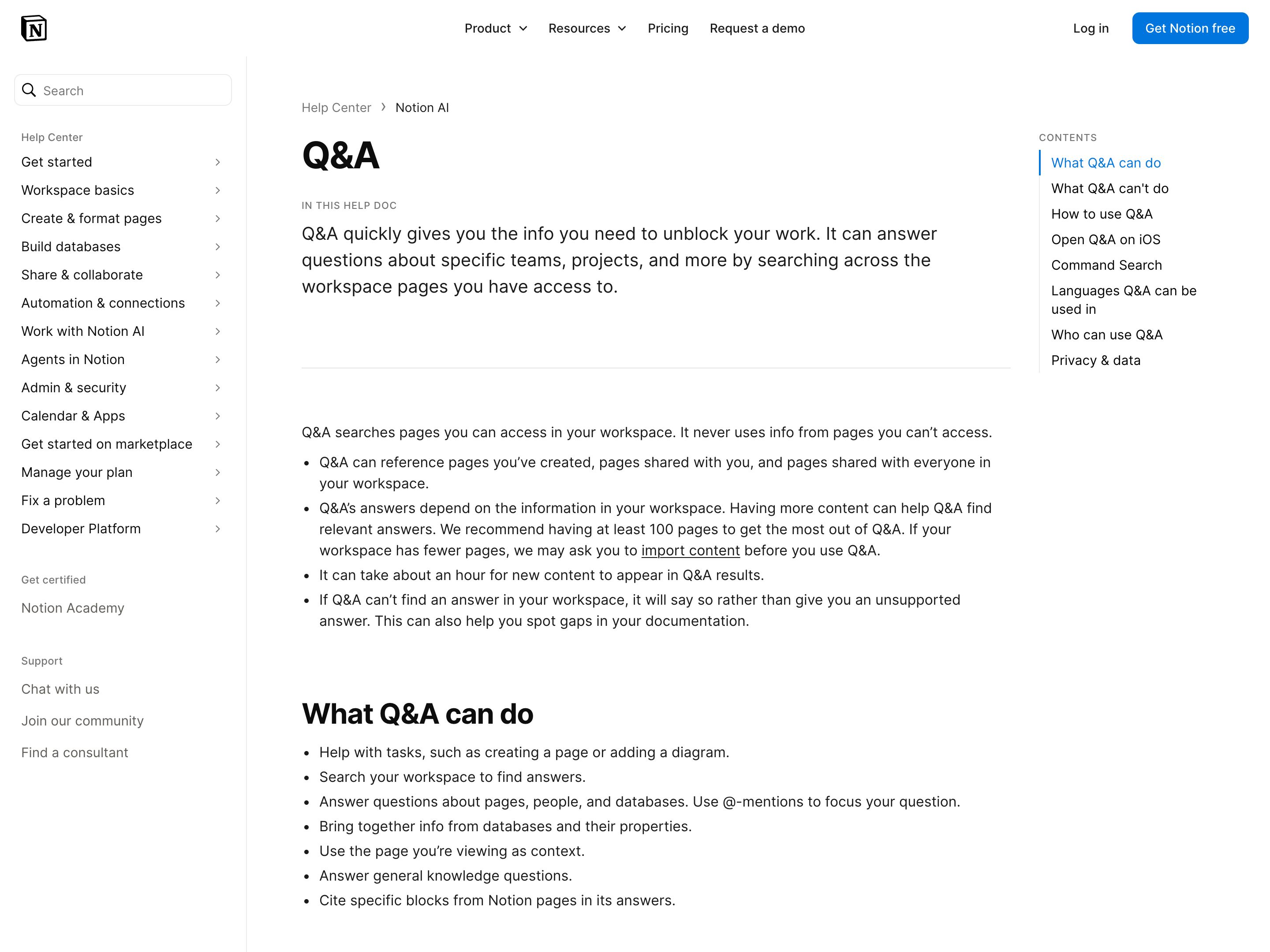 Notion AI Q&A — citation-trail pattern in use (from the vendor's site)