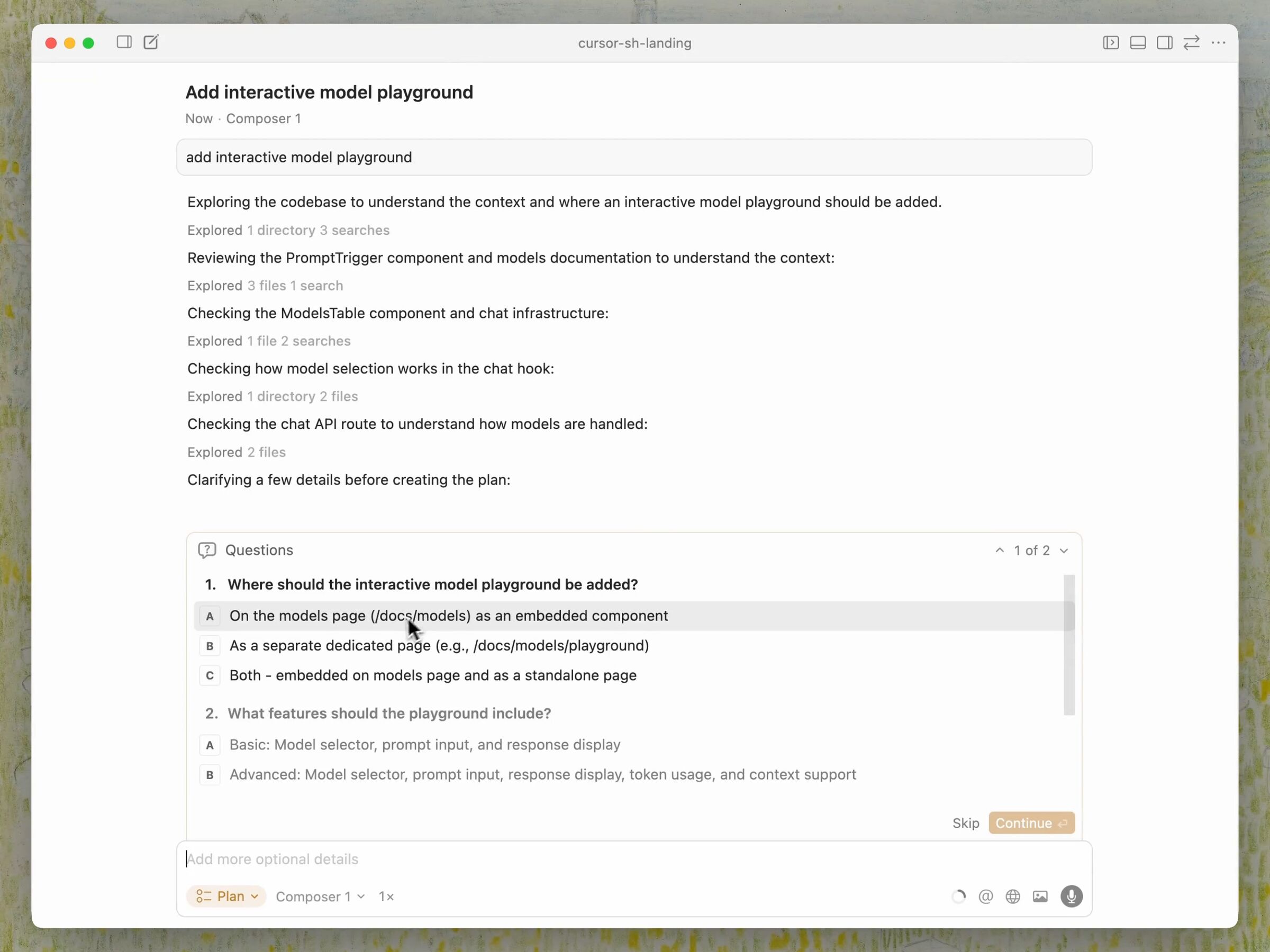 Cursor 2.1 Clarifying Questions — Clarifying Questions pattern (from the vendor's site)