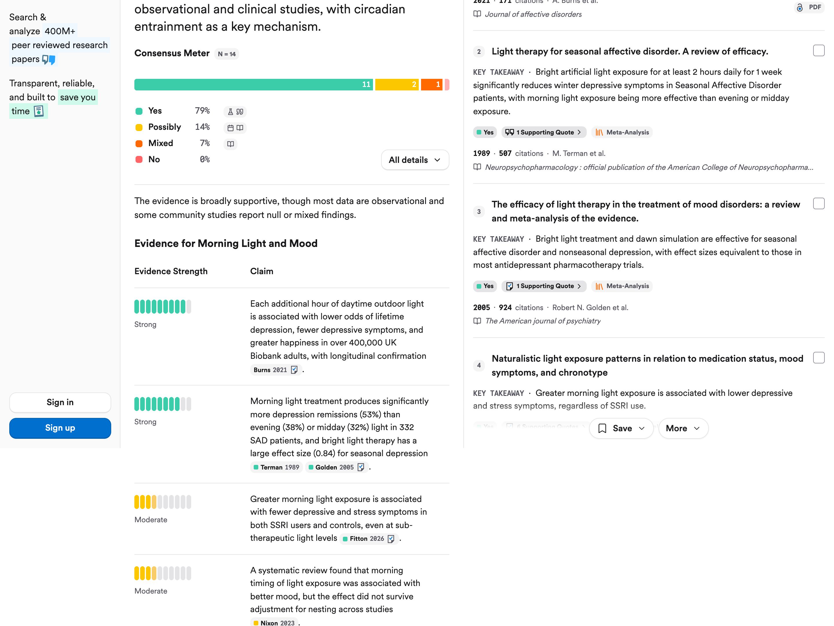 Consensus · Claims & Evidence Table — Confidence Signals pattern
