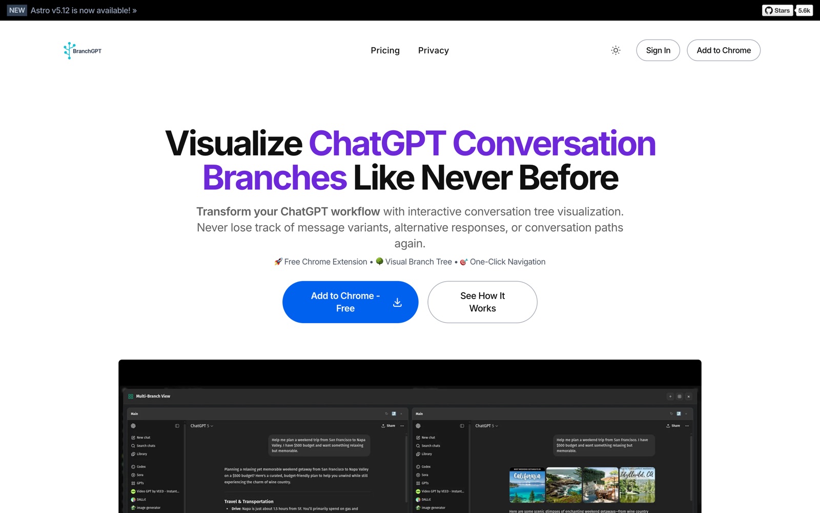 BranchGPT — conversation-branches pattern in use (from the vendor's site)