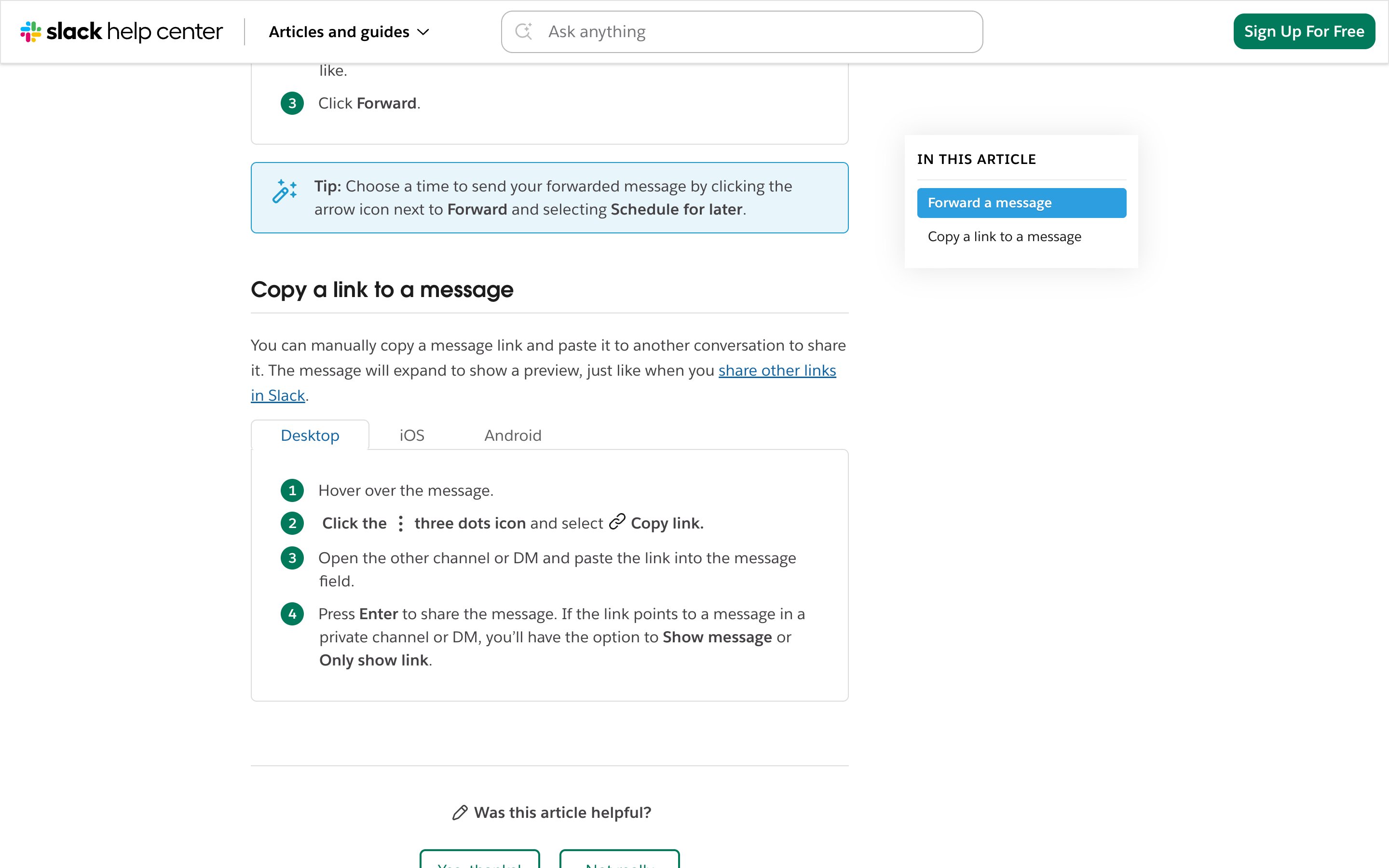 Slack · Message permalinks — Conversation Permalink pattern (from the vendor's site)