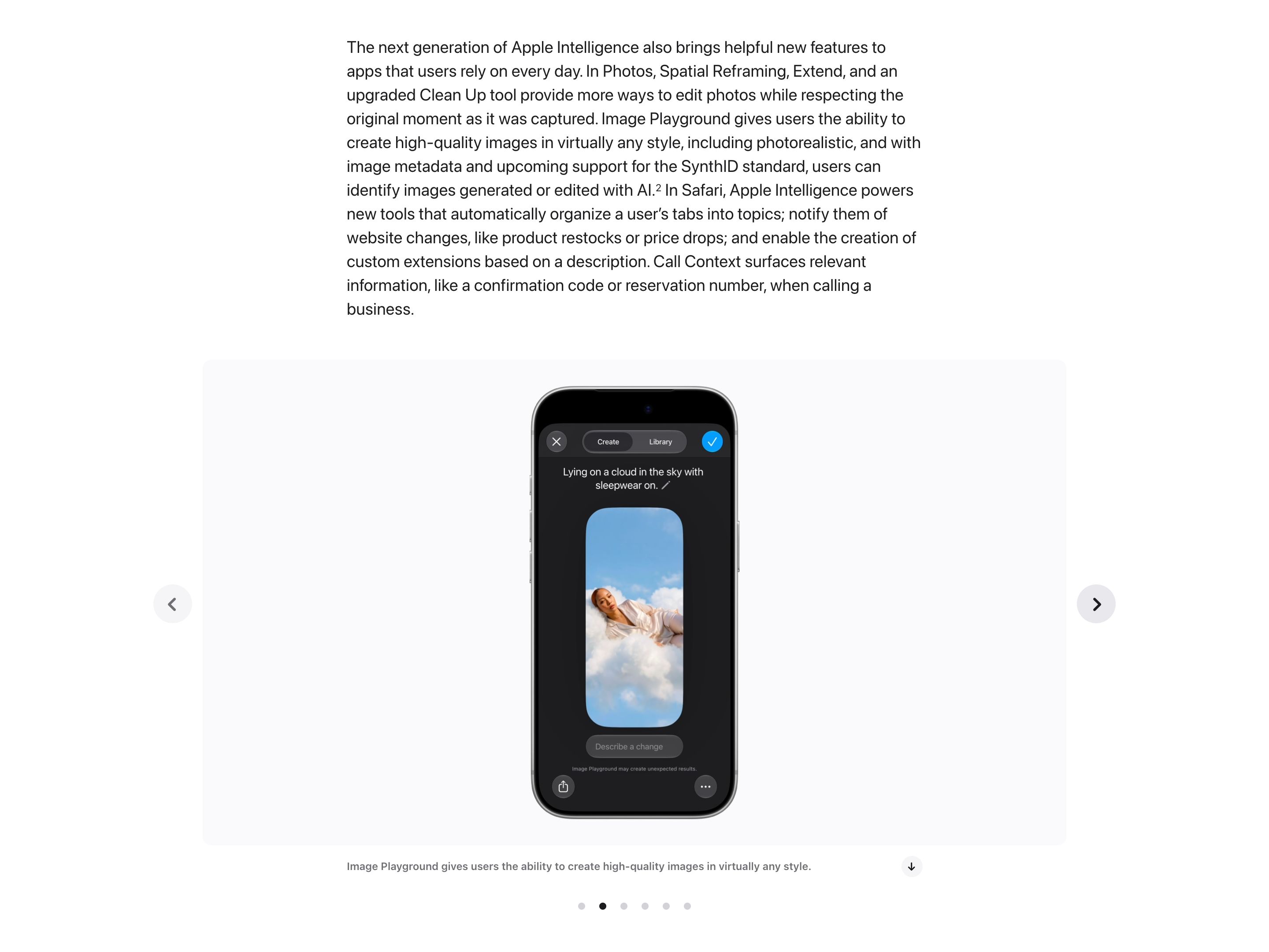 Apple Intelligence · Image Playground provenance metadata — disclosure pattern in use (from the vendor's site)