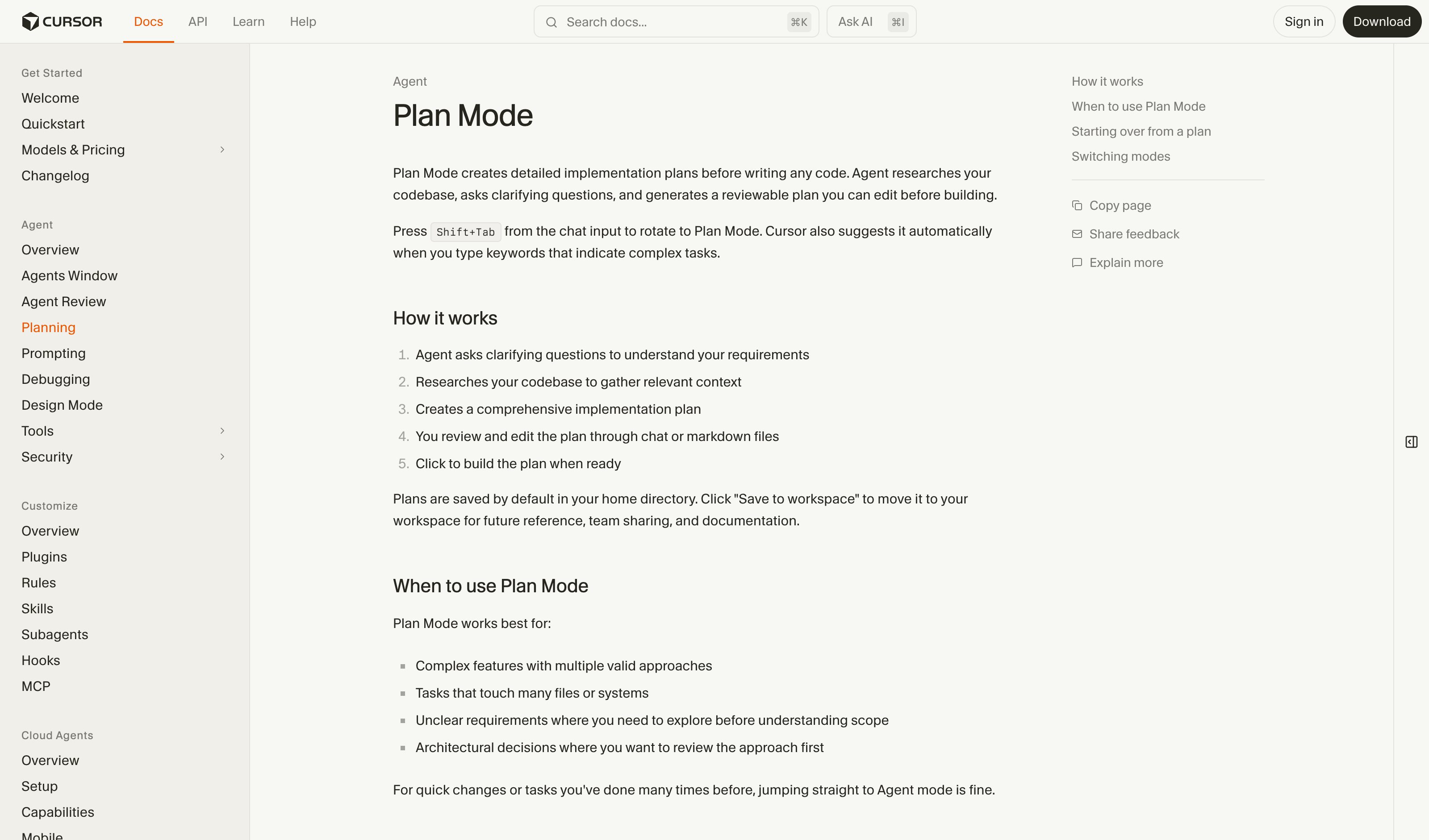Cursor Plan Mode — draft-mode pattern in use (from the vendor's site)