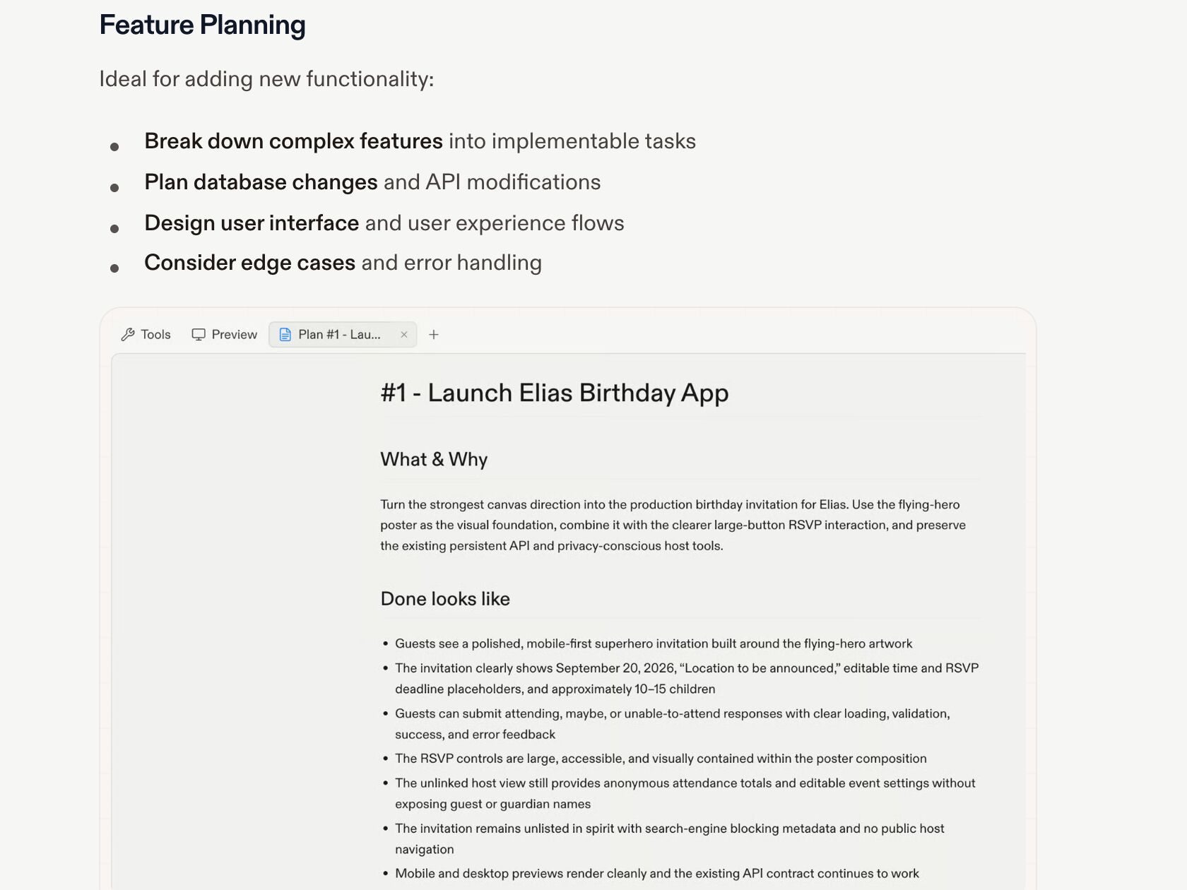 Replit Agent Plan — Editable Plan pattern (from the vendor's site)