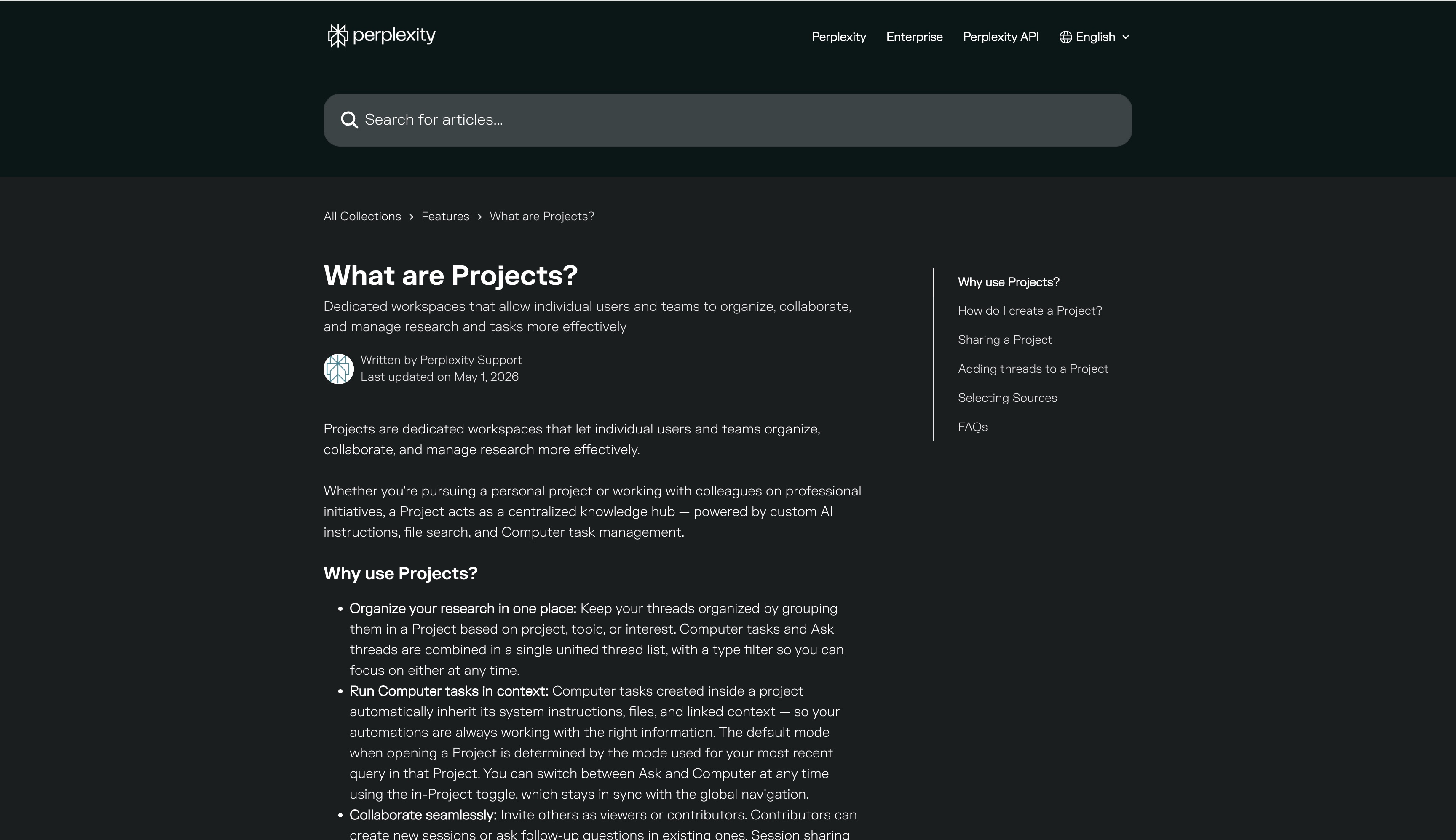 Perplexity Projects Sources — knowledge-source-toggle pattern in use (from the vendor's site)