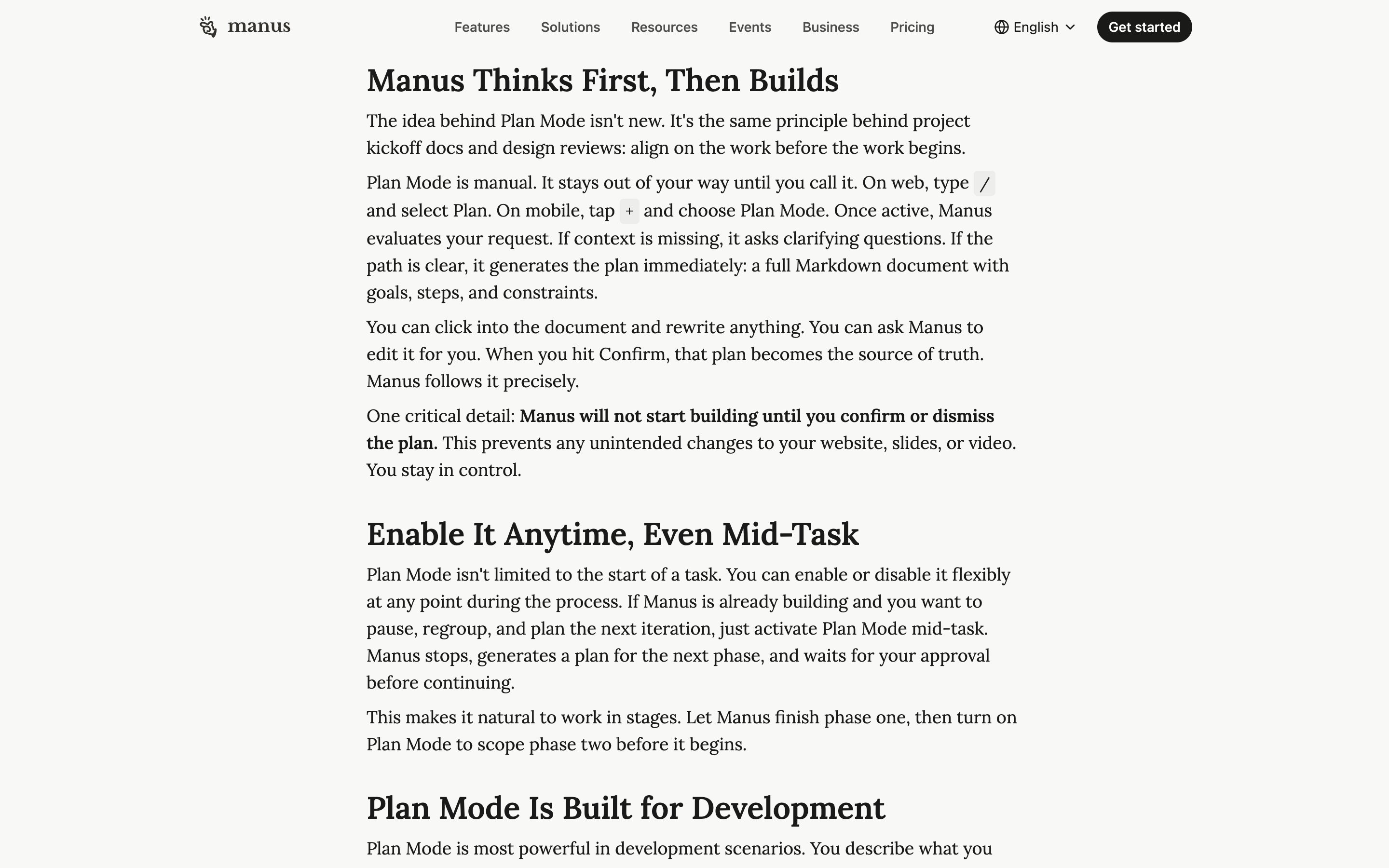 Manus · Plan Mode — live-plan-surface pattern in use (from the vendor's site)