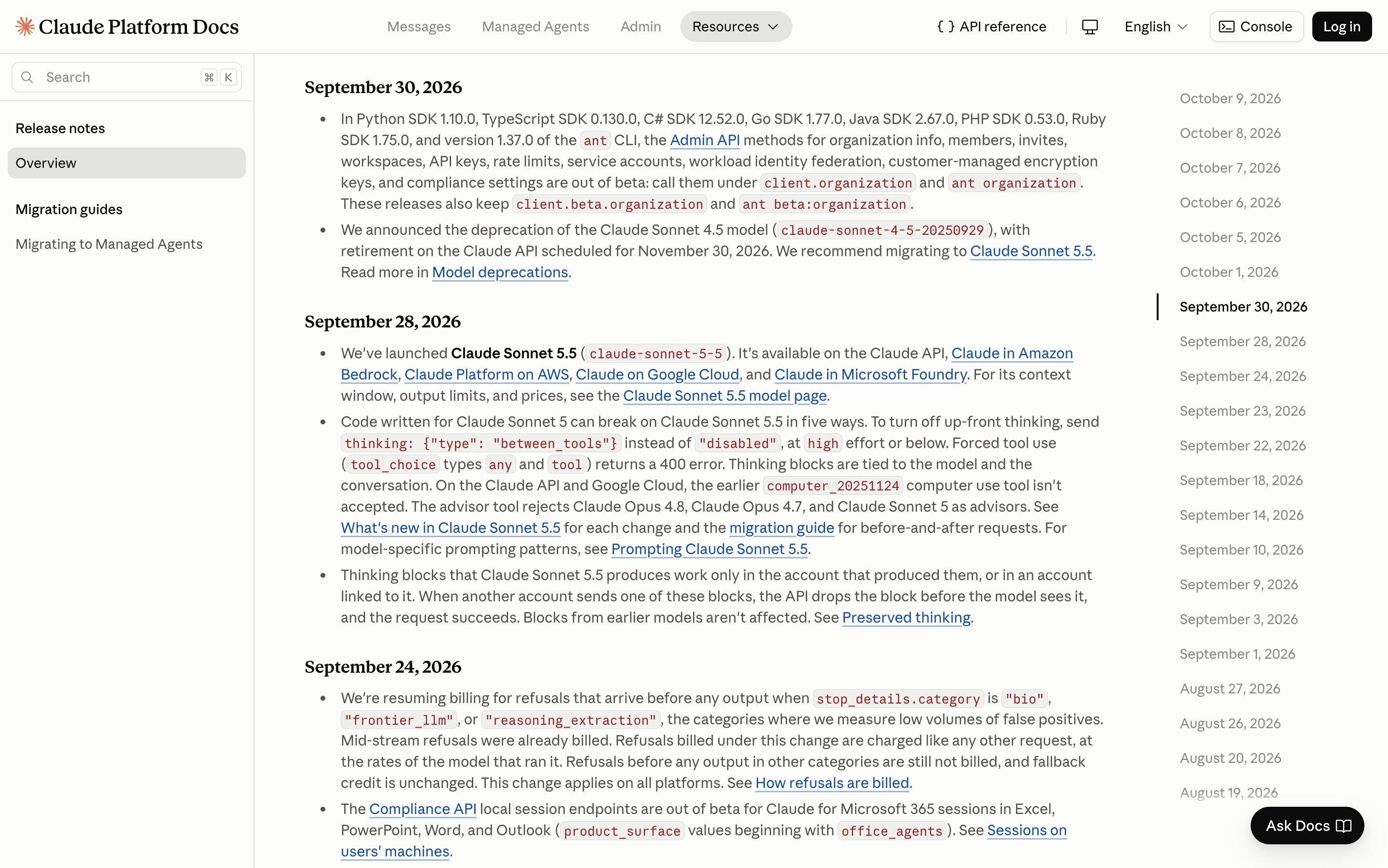 Anthropic · Claude Platform release notes — Model Changelog pattern (from the vendor's site)