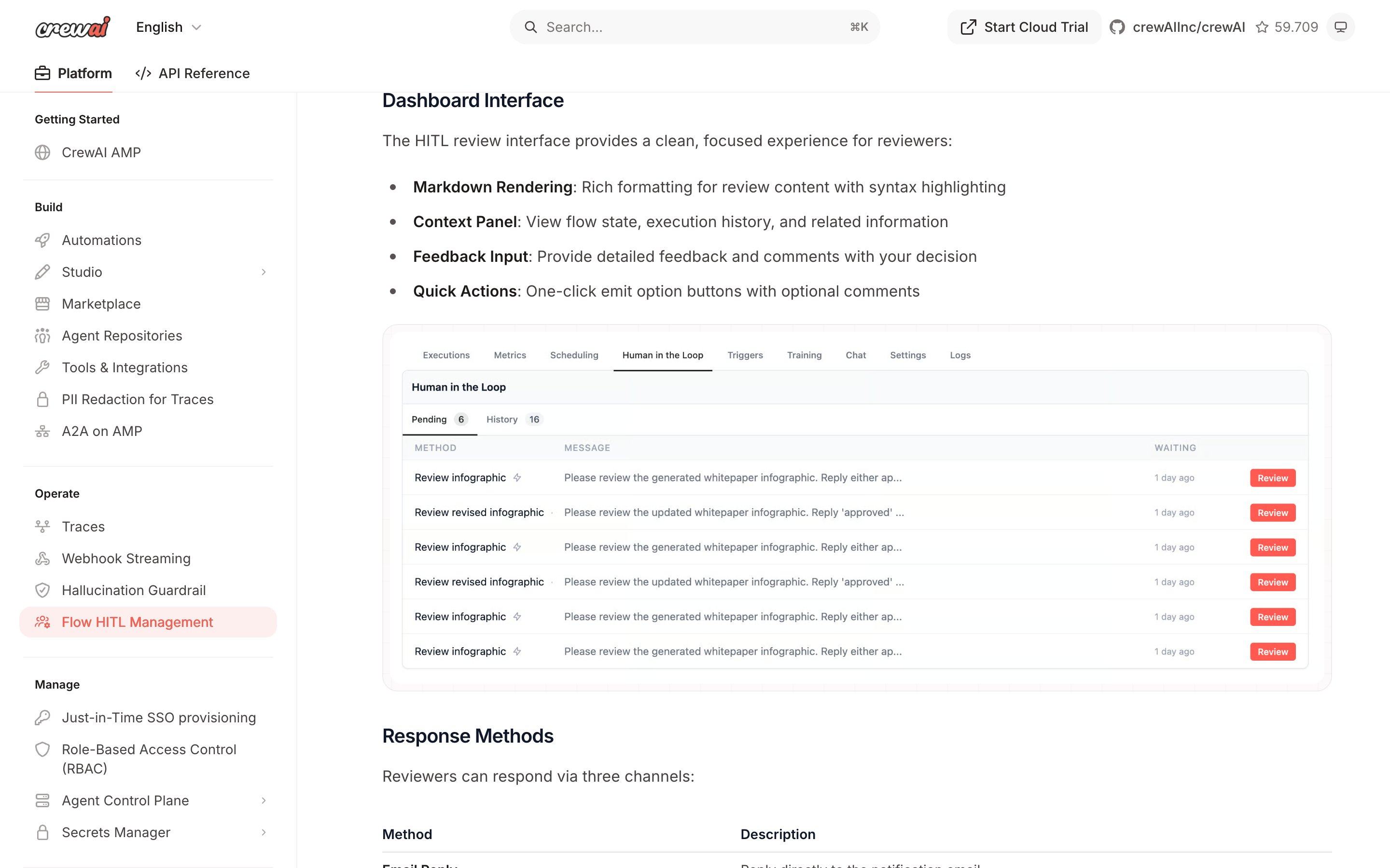 CrewAI · Flow human-in-the-loop checkpoints — oversight-rhythm pattern in use (from the vendor's site)