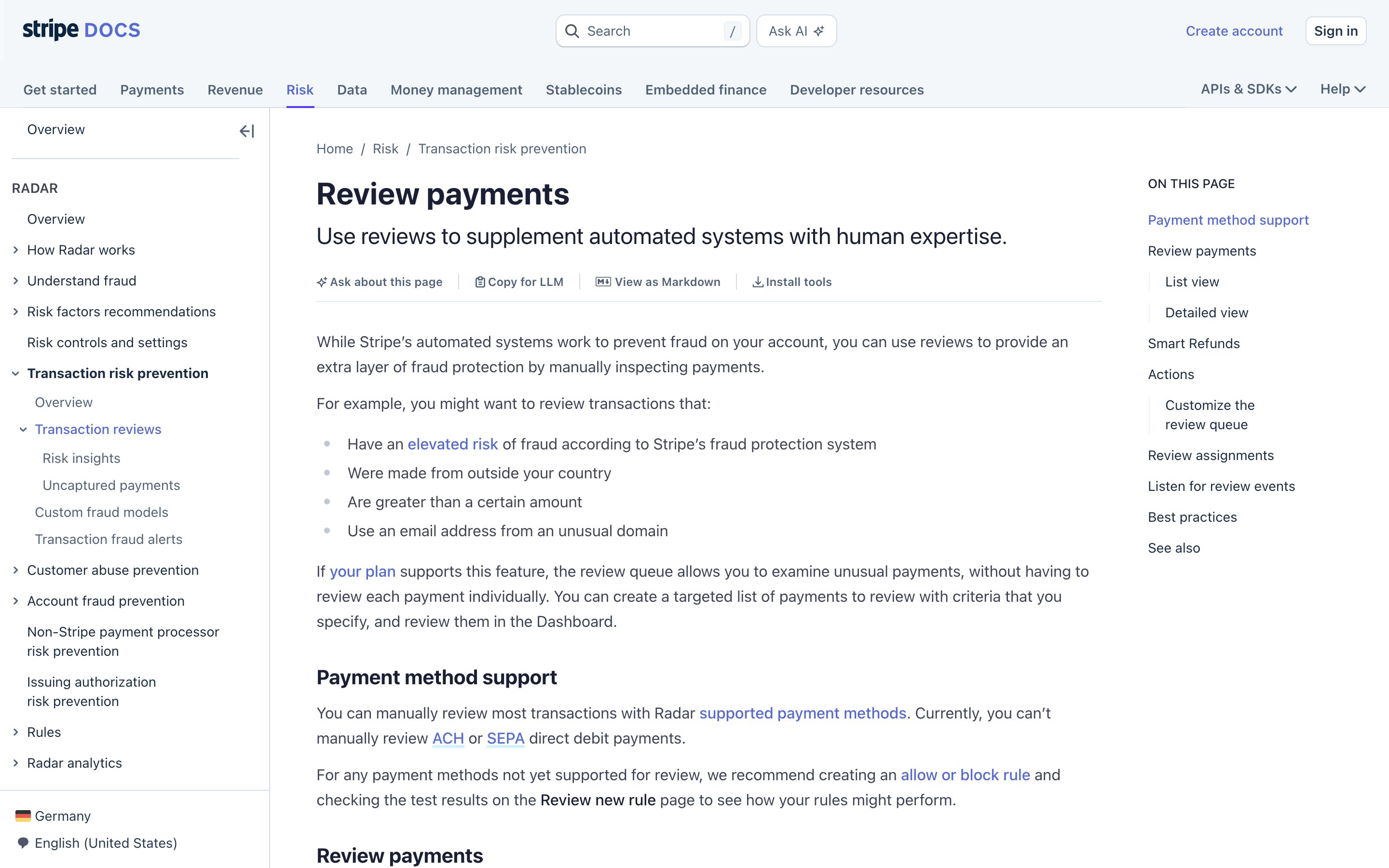 Stripe · Radar review queue (Plus/Pro) — oversight-rhythm pattern in use (from the vendor's site)