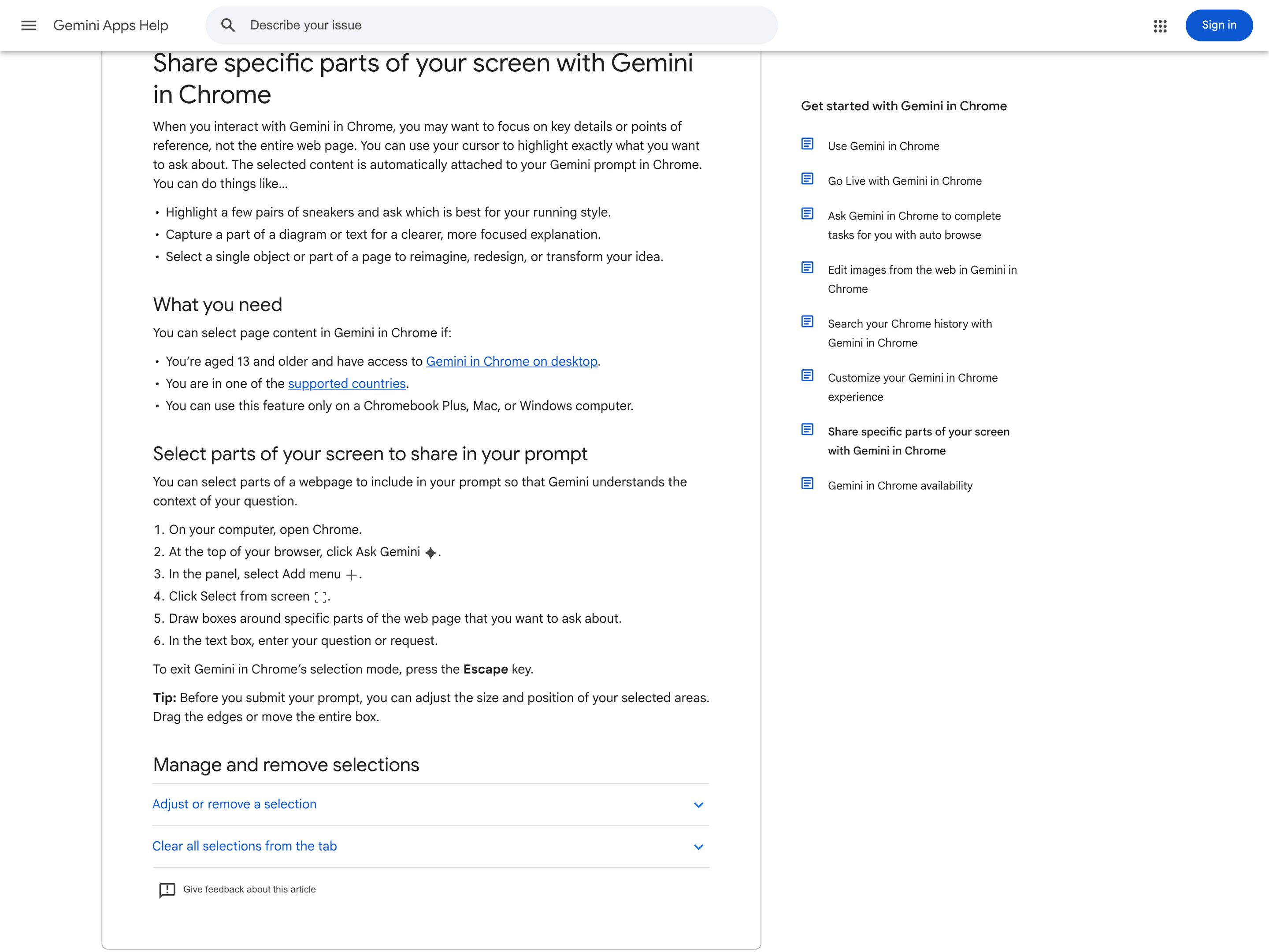 Google · Gemini in Chrome (Select from screen) — pointer-as-prompt pattern in use (from the vendor's site)