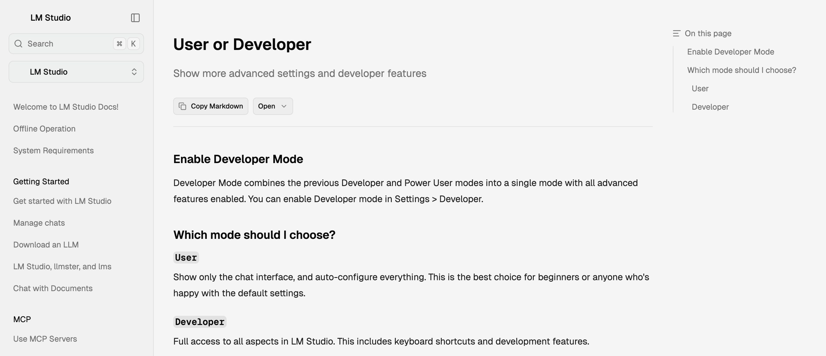 LM Studio · User / Developer modes — Progressive Disclosure pattern (from the vendor's site)