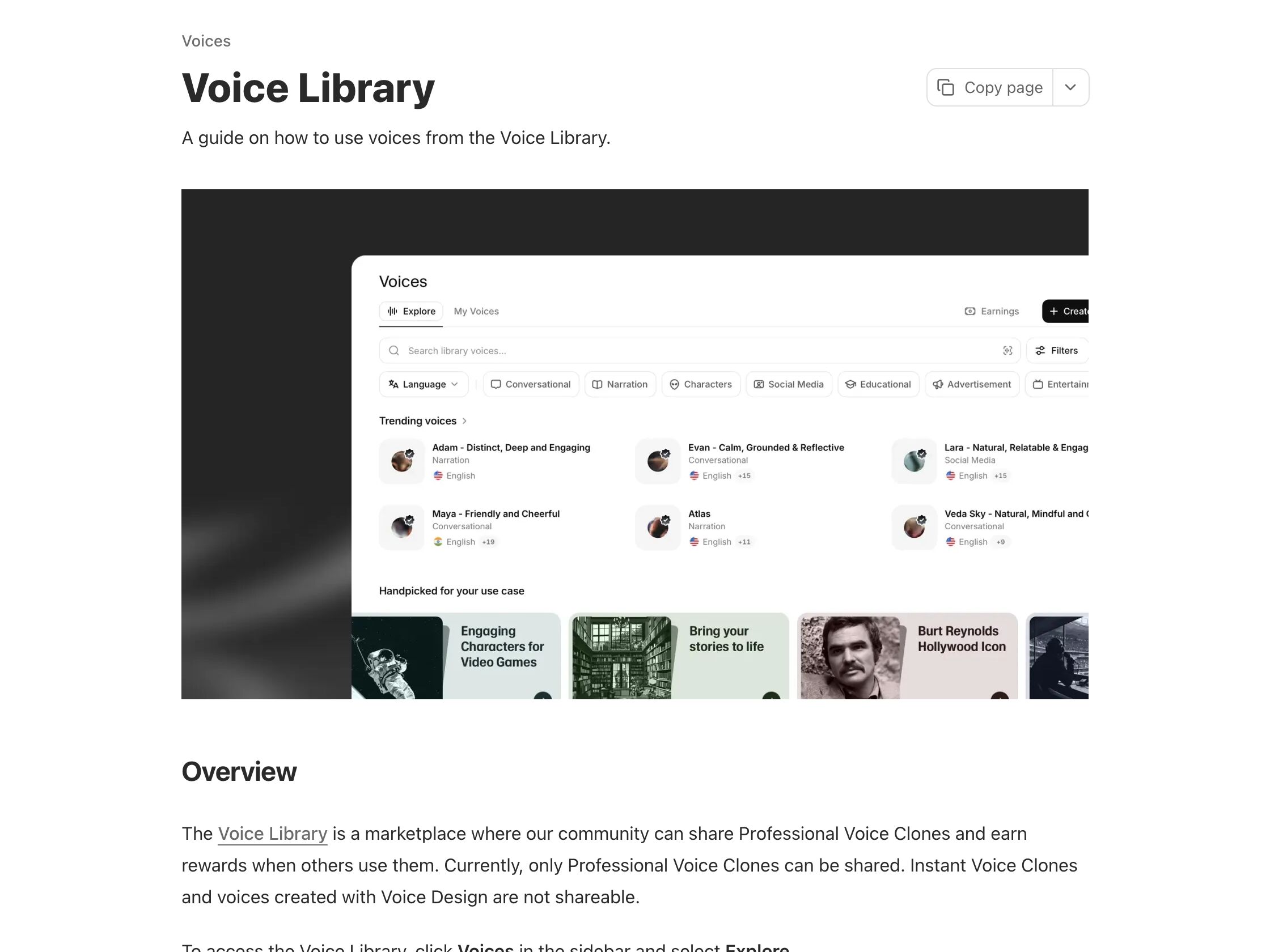 ElevenLabs · Voice Library previews — sample-response pattern in use (from the vendor's site)