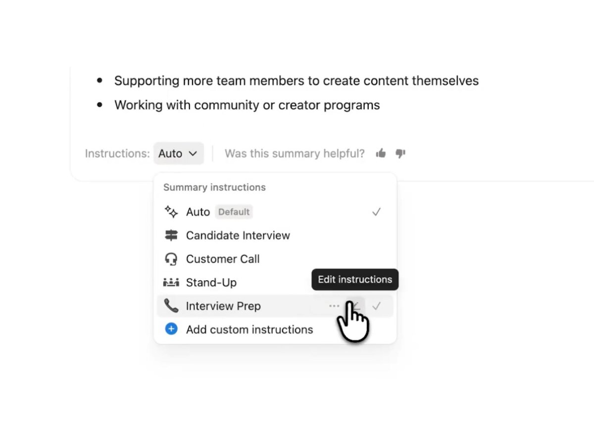 Notion AI Meeting Notes · summary instructions — sample-response pattern in use (from the vendor's site)
