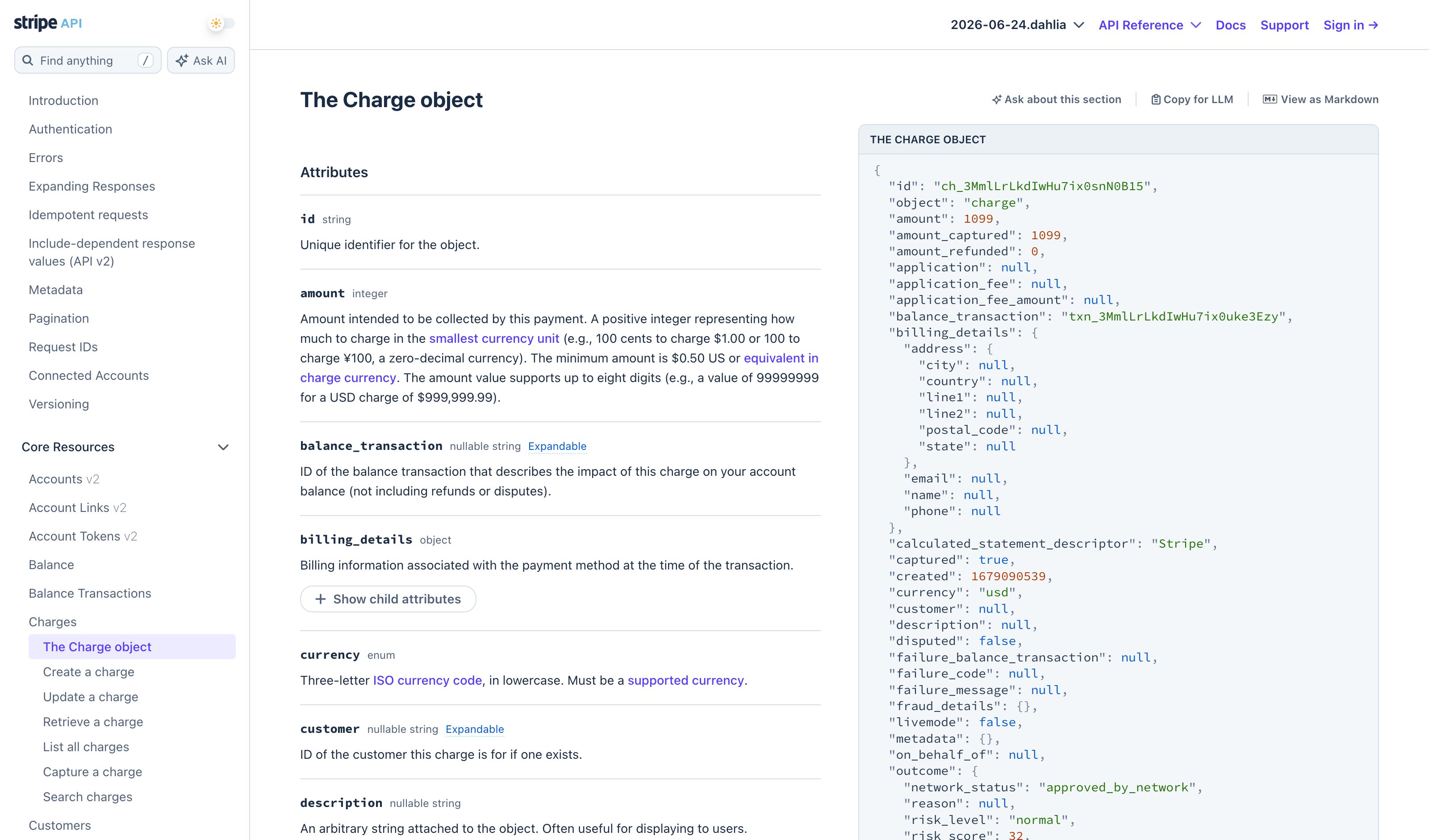 Stripe API Reference · response examples — sample-response pattern in use