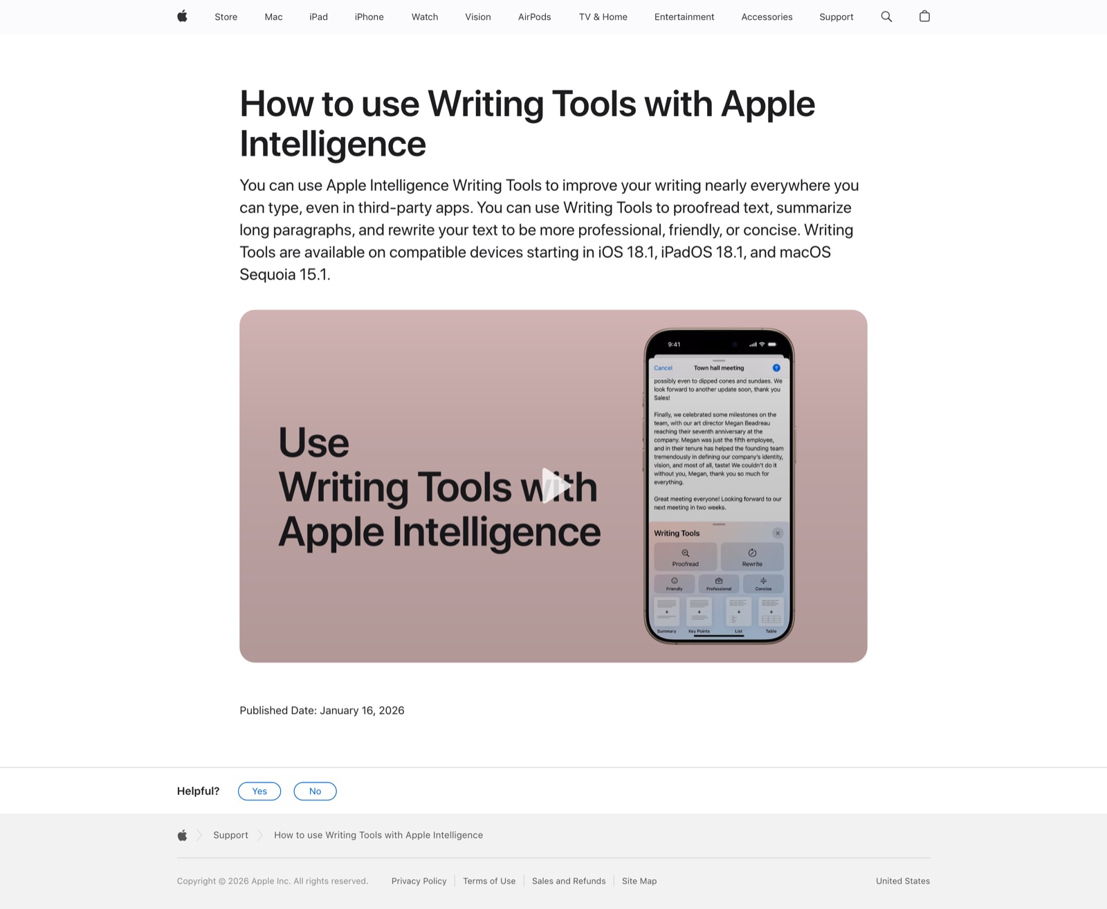 Apple Intelligence Writing Tools — select-transform pattern in use (from the vendor's site)